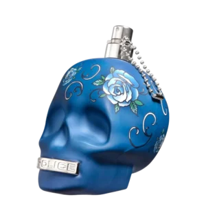 Perfumy męskie To Be Tattooart Police – woda perfumowana 125 ml w niebieskim flakonie w kształcie czaszki z motywem tatuażu